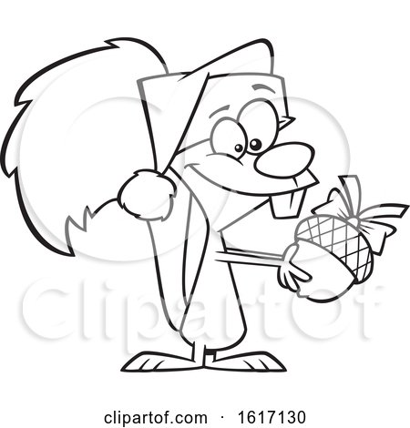 Clipart of a Cartoon Black and White Christmas Squirrel Holding an Acorn - Royalty Free Vector Illustration by toonaday