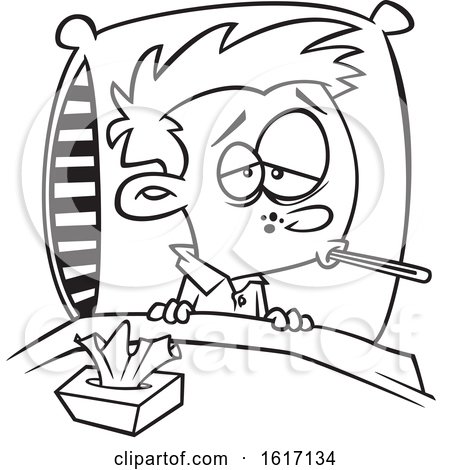 Clipart of a Cartoon Black and White Boy Sick with the Flu - Royalty Free Vector Illustration by toonaday