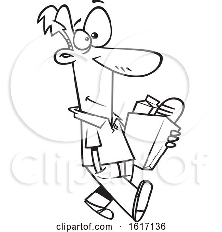Clipart of a Cartoon Black and White Man Walking and Carrying a Bag of Groceries - Royalty Free Vector Illustration by toonaday