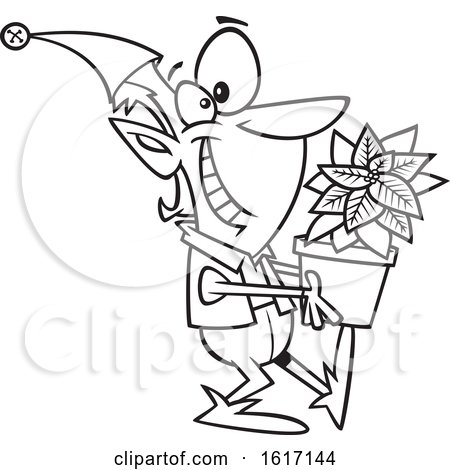Clipart of a Cartoon Black and White Christmas Elf Holding a Poinsettia Plant - Royalty Free Vector Illustration by toonaday