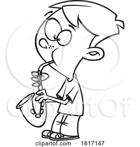 Clipart of a Cartoon Black and White Boy Playing a Saxophone - Royalty Free Vector Illustration by toonaday