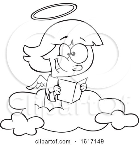 Clipart of a Cartoon Black and White Happy Angel Girl Reading on a Cloud - Royalty Free Vector Illustration by toonaday