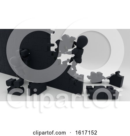 Clipart of 3d Black Characters Building a Puzzle Wall on a Shaded Background - Royalty Free Illustration by KJ Pargeter