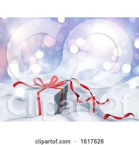 3D Christmas Background with Gift Box in Snow by KJ Pargeter