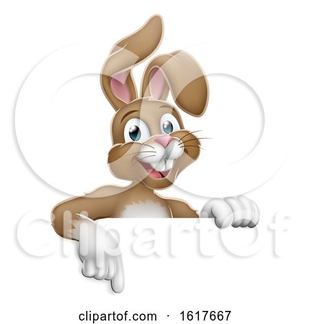Easter Bunny Rabbit Pointing Cartoon at Sign by AtStockIllustration