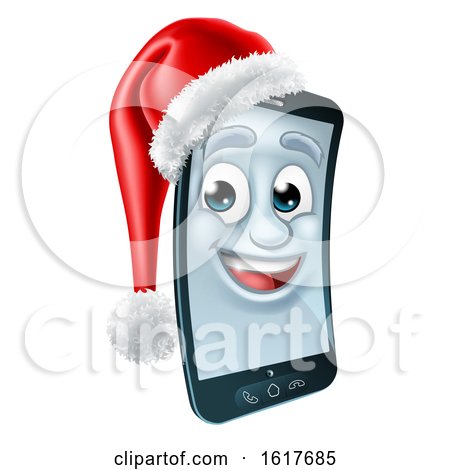 Cell Mobile Phone Christmas Mascot in Santa Hat by AtStockIllustration