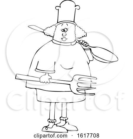Cartoon Black and White Female Chef Carrying a Giant Spoon and Fork by djart