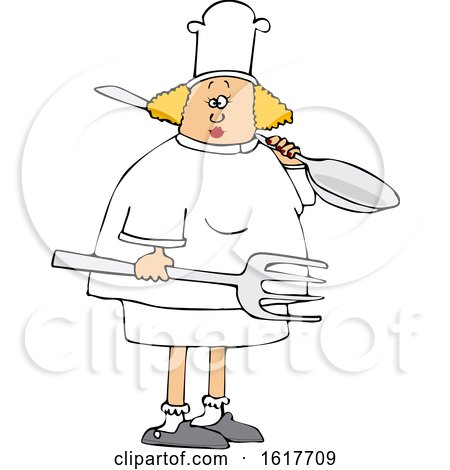 Cartoon Blond White Female Chef Carrying a Giant Spoon and Fork by djart