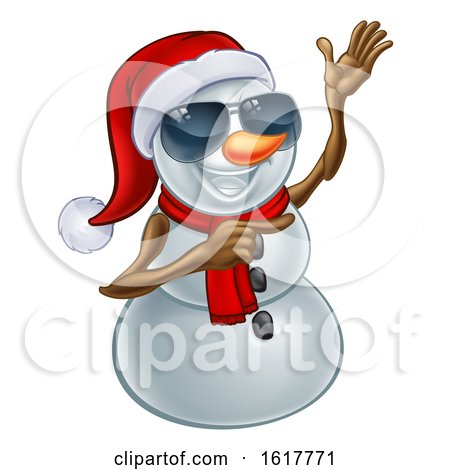 Pointing Snowman Wearing a Santa Hat and Sunglasses by AtStockIllustration
