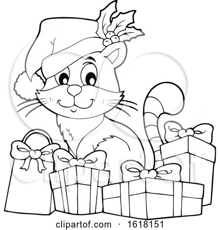 Christmas Cat Wearing a Santa Hat and Sitting with Gifts by visekart
