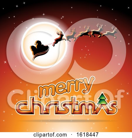 Santas Sleigh Flying Against a Full Moon over a Merry Christmas Greeting on Orange by cidepix