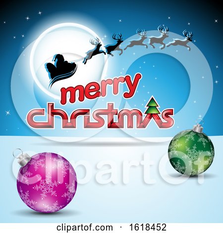 Merry Christmas Greeting with Santas Sleigh Flying Against a Full Moon by cidepix