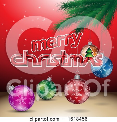 Merry Christmas Greeting with a Branch and Baubles on Red by cidepix
