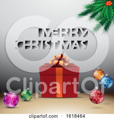 Merry Christmas Greeting with a Gift and Baubles over Gray by cidepix