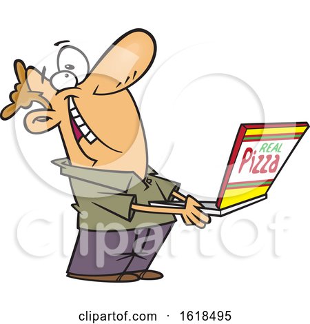 Cartoon Happy White Man Holding a Box of Good Pizza by toonaday