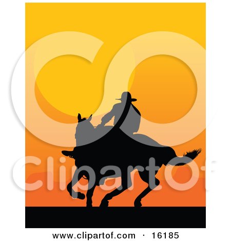 Western Cowboy Riding A Horse And Silhouetted Against An Orange Sunset Clipart Illustration Image by Maria Bell