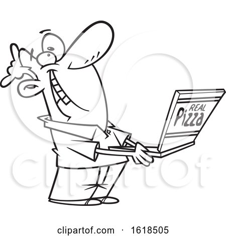 Cartoon Outline Happy Man Holding a Box of Good Pizza by toonaday
