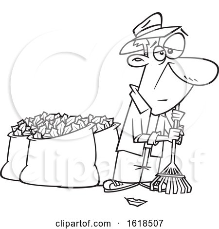 Cartoon Outline Tired Old Man After Raking and Bagging Autumn Leaves by toonaday
