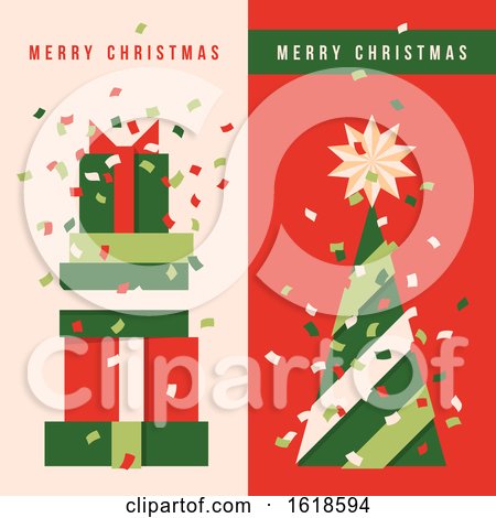 Two Vertical Banners with Christmas Tree, Holiday Gifts and Colorful Confetti in the Air by elena
