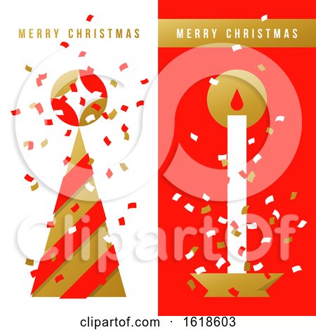 Two Vertical Greeting Cards with Christmas Tree, Holiday Candle and Colorful Confetti in the Air by elena