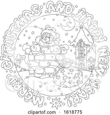 Black and White Merry Christmas and Happy New Year Greeting in a Circle Around Santa in a Chimney by Alex Bannykh