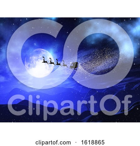 3D Christmas Moonlit Landscape with Santa and Reindeers in the Sky by KJ Pargeter