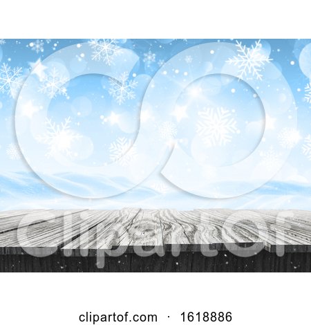 3D Snowy Landscape with Falling Snowflakes and Wooden Table by KJ Pargeter