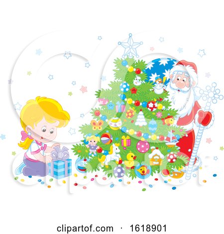 Blond Girl Looking at a Gift As Santa Peeks from Behind a Christmas Tree by Alex Bannykh