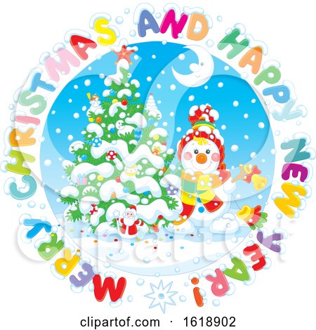 Snowman and Tree in a Merry Christmas Happy New Year Greeting Frame by Alex Bannykh