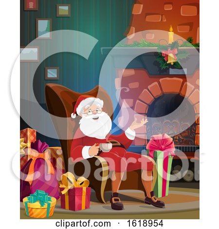 Santa Claus Drinking a Warm Beverage by a Fireplace by Vector Tradition SM