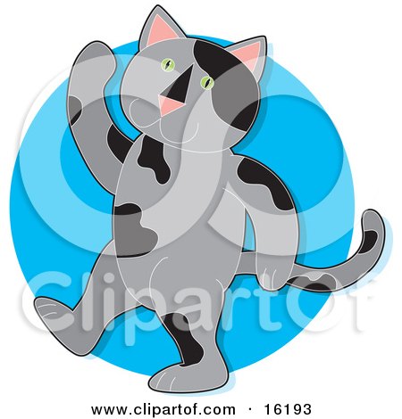 Gray Cat With Black Spots And Green Eyes, Walking On Its Hind Legs And Waving Clipart Illustration Image by Maria Bell