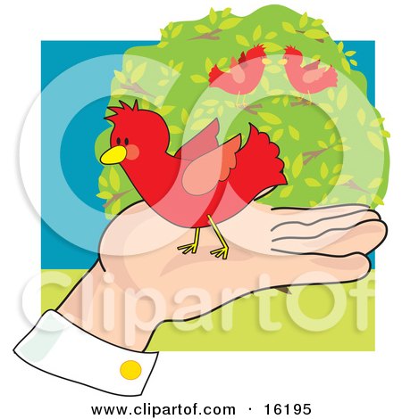 Red Bird On A Man's Hand Near A Tree With Other Red Birds Clipart Illustration Image by Maria Bell