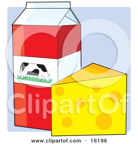 Carton Of Milk With A Dairy Cow Picture Resting On A Counter Beside A Block Of Swiss Cheese Clipart Illustration Image by Maria Bell