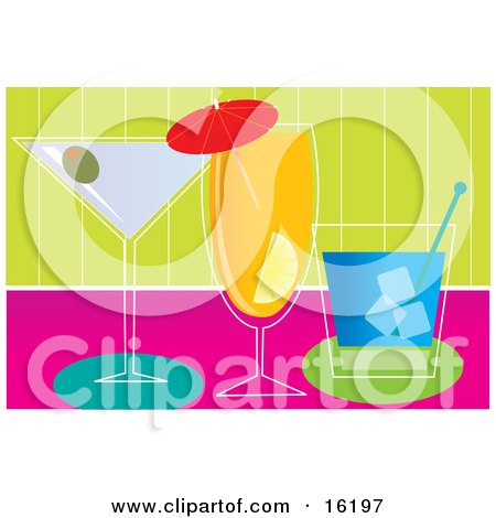 Lineup Of Alcoholic Beverages At A Bar During A Party Clipart Illustration Image by Maria Bell