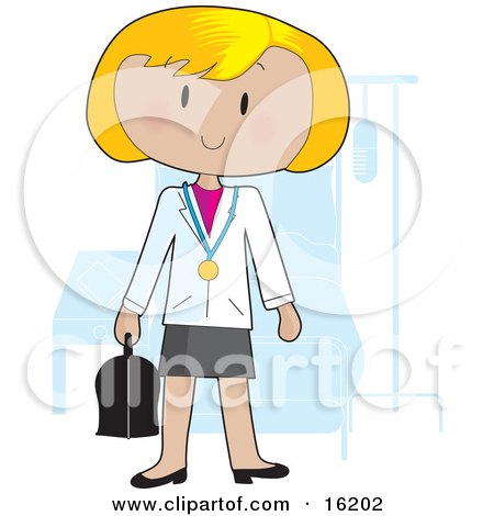 Friendly Blond Female Doctor Wearing A Stethoscope Around Her Neck And Carrying A Medical Bag While Standing In Front Of A Patient's Bed In A Hospital Room Clipart Illustration Image by Maria Bell