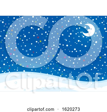 Crescent Moon and Colorful Stars on a Snowy Night by Alex Bannykh