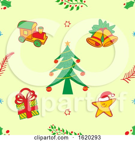 Christmas Seamless Background with a Tree Gift Star Bells and Train by Zooco