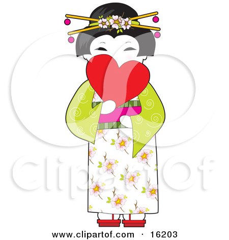 Beautiful Japanese Geisha Woman With Blossoms In Her Hair, Wearing A Floral And Green Kimono And Holding A Heart In Front Of Her Face Clipart Illustration Image by Maria Bell