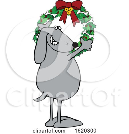 Cartoon Festive Dog Hanging a Christmas Wreath with Bones on It by djart