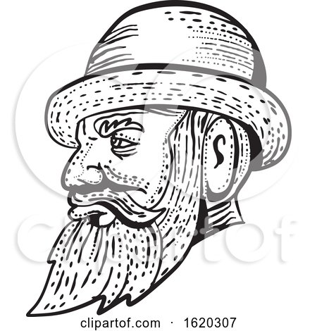 Hipster Wearing Bowler Hat Etching Black and White by patrimonio