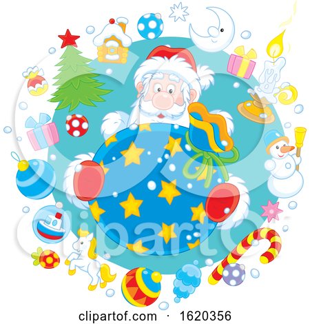 Circle of Christmas Items Around Santa Claus Holding a Sack by Alex Bannykh