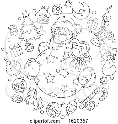 Black and White Circle of Christmas Items Around Santa Holding a Sack by Alex Bannykh