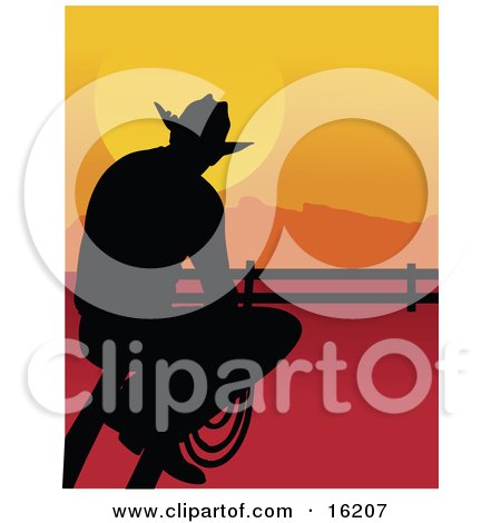 Lonely Cowboy Silhouetted At Sunset, Sitting On A Fence And Holding A Rope While Watching The Sun Go Down Clipart Illustration Image by Maria Bell