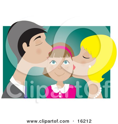 Clipart Illustration Image of a Happy Girl Smiling As Her Blond Mother And Dark Haired Father Kiss Her On The Cheek by Maria Bell