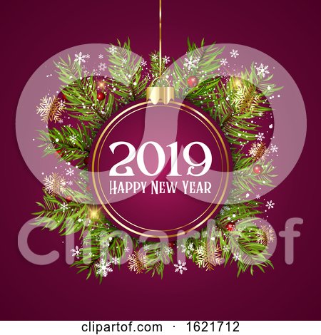Happy New Year Background with Hanging Bauble on Fir Tree Branches by KJ Pargeter