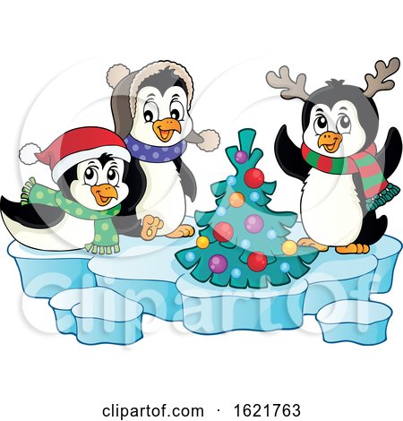 Group of Christmas Penguins Around a Tree on Ice by visekart