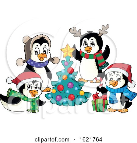 Group of Christmas Penguins Around a Christmas Tree by visekart