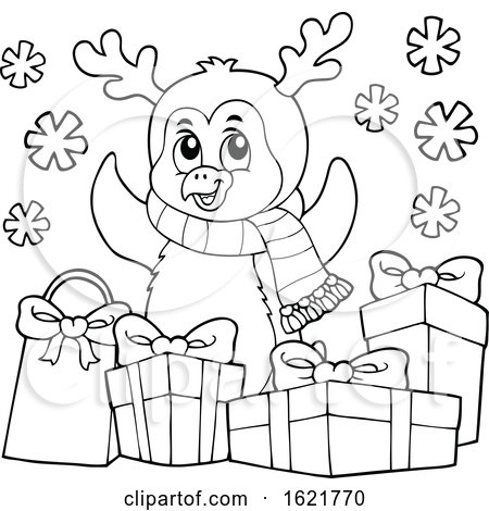 Christmas Penguin with Gifts in Black and White by visekart