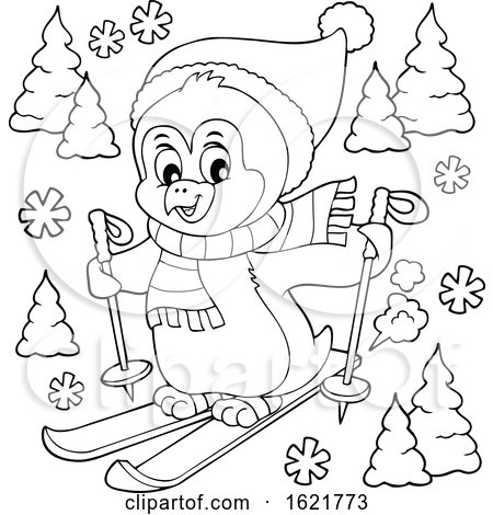Christmas Penguin Skiing in Black and White by visekart
