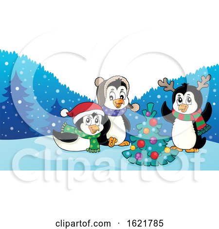 Group of Christmas Penguins Around a Christmas Tree by visekart
